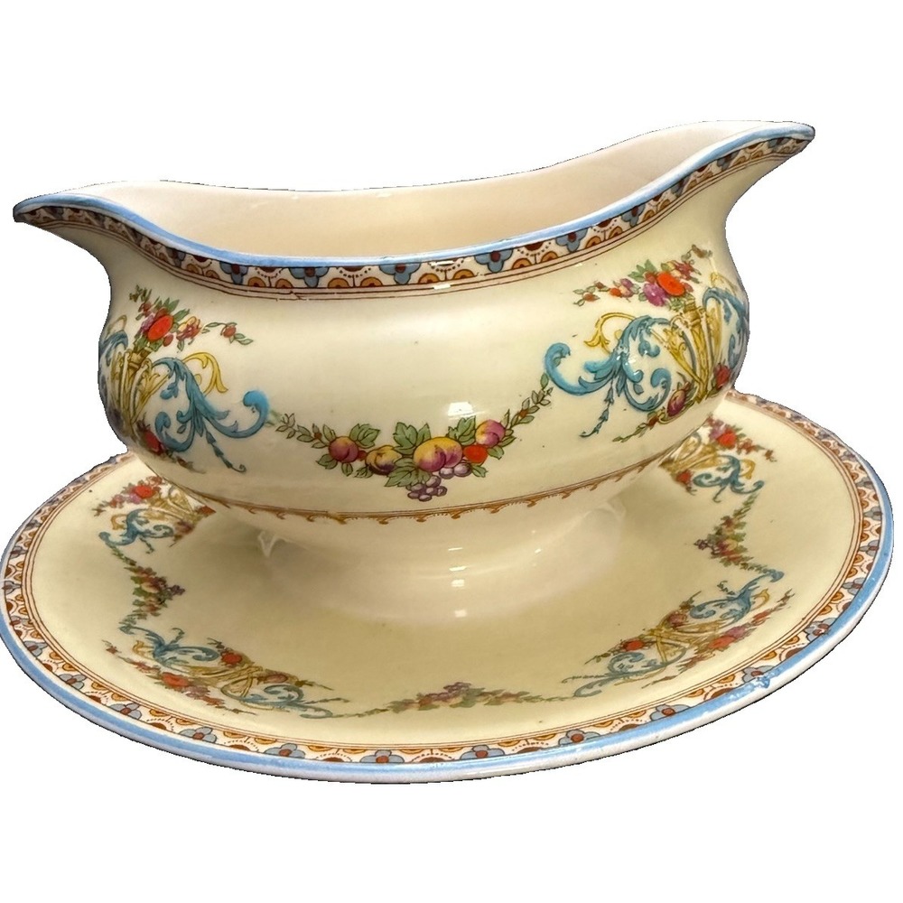 ViTG Myott Staffordshire England Gravy Boat Underplate Floral Blue Fruit Scroll
